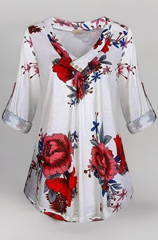 Women's Long-Sleeve Shirt Floral-Print V-Neck Ladies Tops